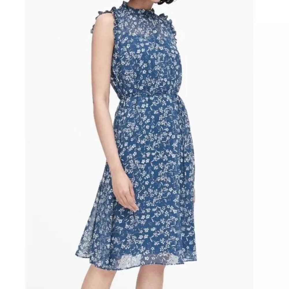 Banana Republic Ruffle Neck Floral Dress  Sleeveless Blue Floral